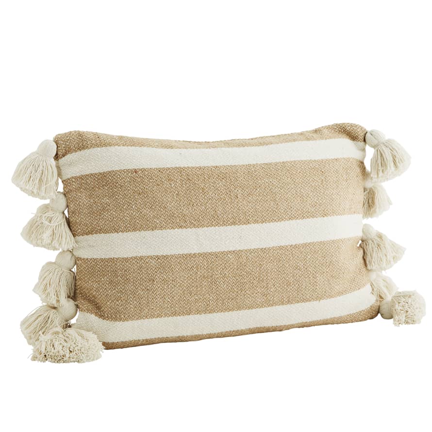 Madam Stoltz Sand and Off White Striped Cushion Cover with Tassels
