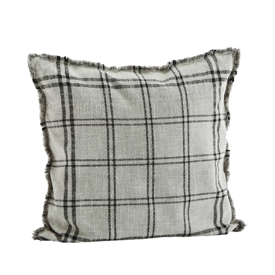Madam Stoltz Silver Cloud and Black Checked Cushion Cover with Fringes
