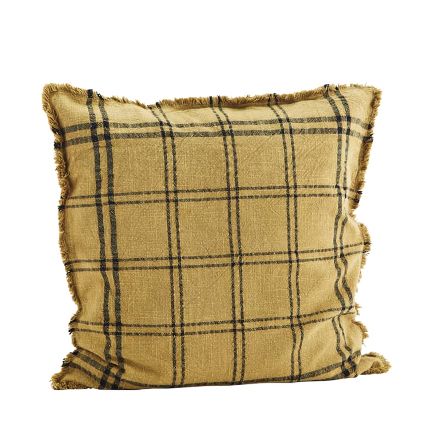 Madam Stoltz Indian Tan and Black Checked Cushion Cover with Fringes