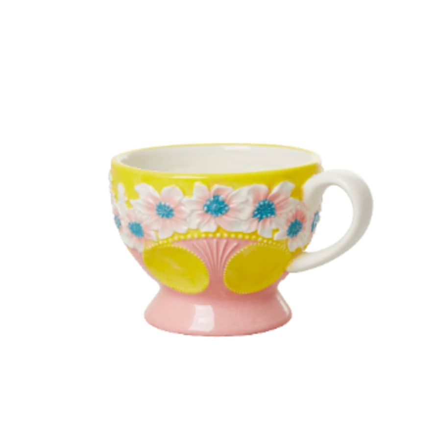 rice Ceramic Mug with Embossed Flower Design in Yellow