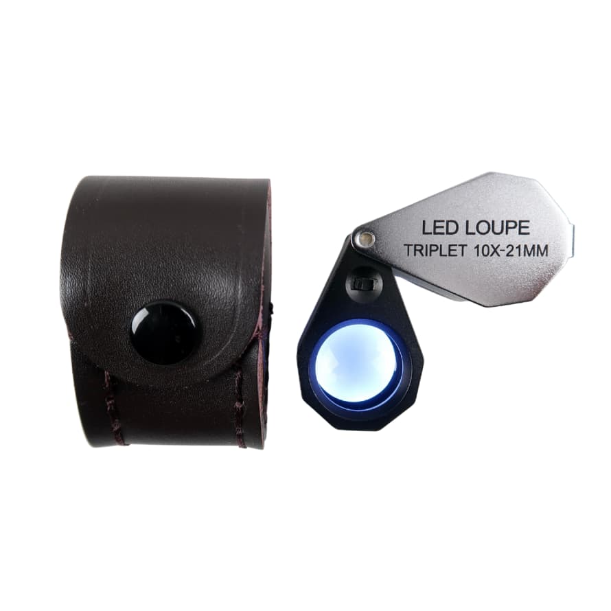 LED lit 10x magnification loupe with leather pouch