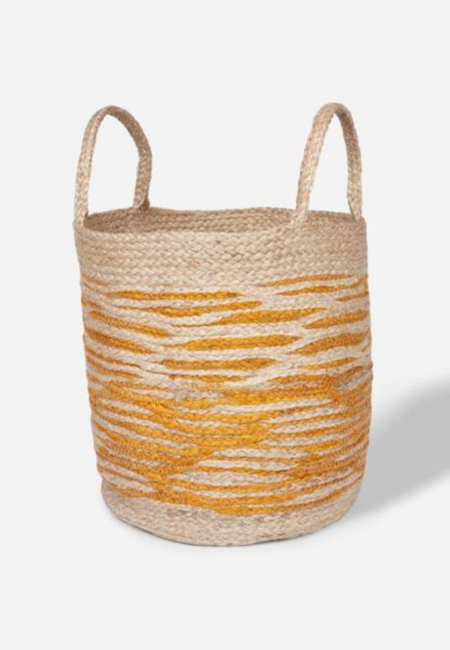 EL PUENTE Round Two Tone Jute Basket With Handles Natural Yellow