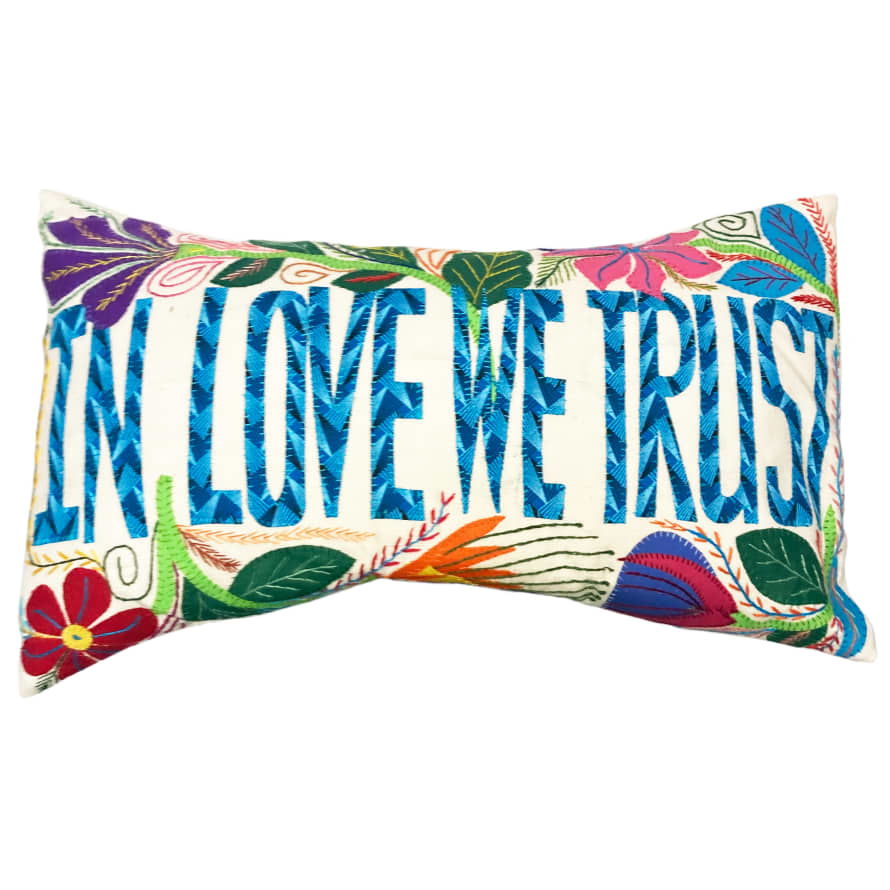 Mahatsara 'In Love We Trust' Hand Embroidered Message Cushion