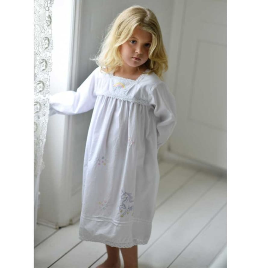 Powell Craft Girls White Cotton Unicorn Embroidered Nightdress 'Ophelia'
