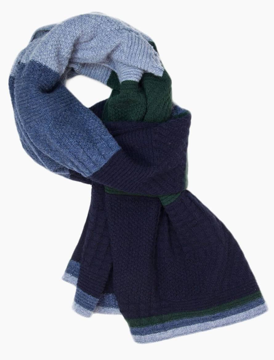 40 Colori Navy and Green Textured Thick Striped Knitted Wool and Cashmere Scarf