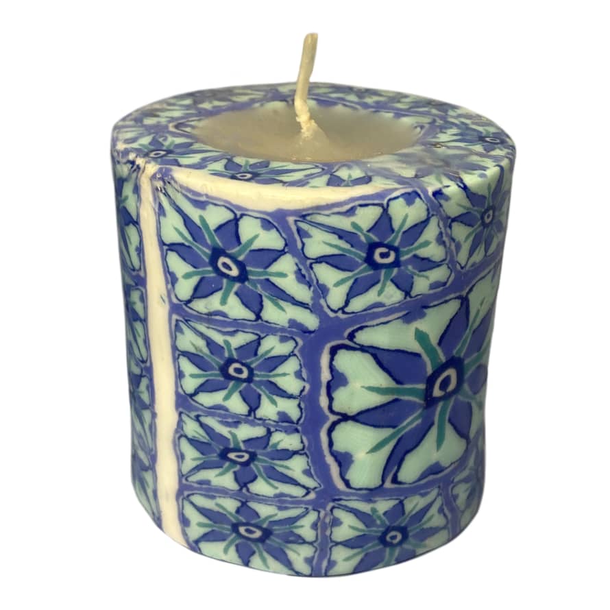 Swazi Candles Small Blue Floral Design Swazi Pillar Candle