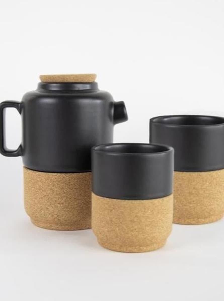 Lillian Daph Black Cork And Pottery Handmade Gift Set Teapot 2 Mugs
