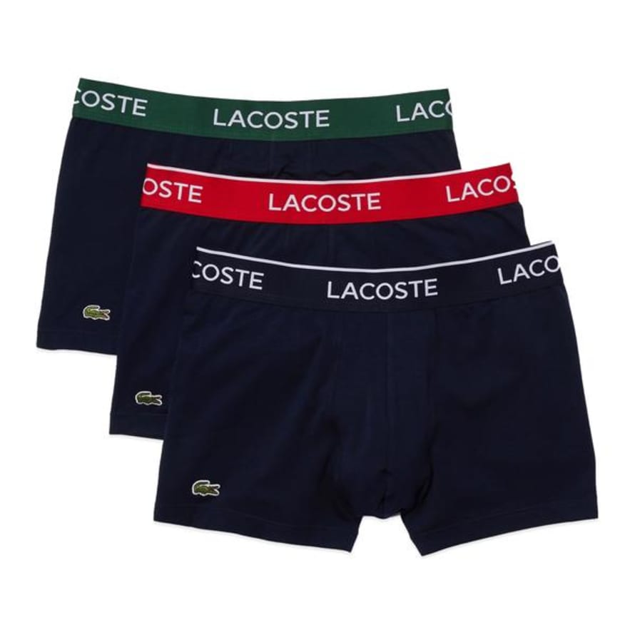 Lacoste 3 Pack Cotton Stretch Trunks Black With Red Green Navy Waistband