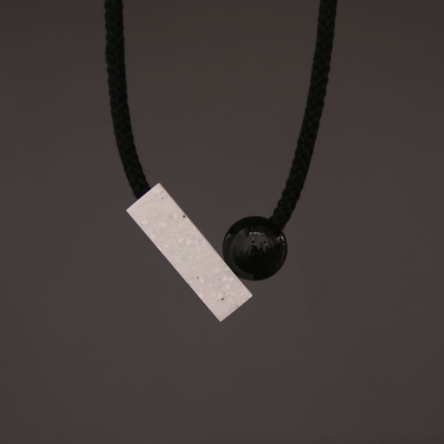 One We Made Earlier Josef Necklace with Black Ball and Grey and White Speckled Resin