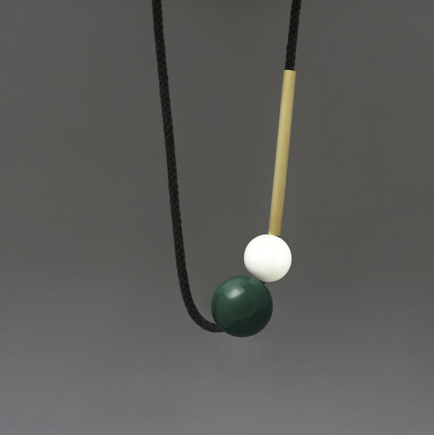 One We Made Earlier Vara Necklace with Green Resin Ball, White Resin Ball and Brass Tube