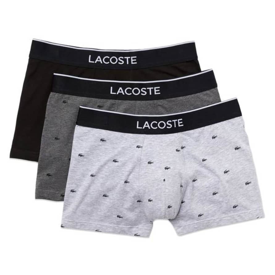 Lacoste 3 Pack Cotton Stretch Trunks Black Charcoal Grey Crocs
