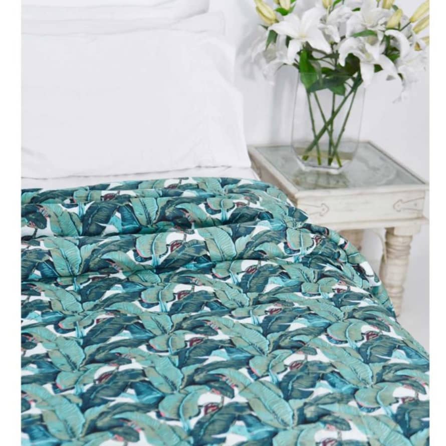 Powell Craft Green Leaf Print Cotton Indian Bed Quilt