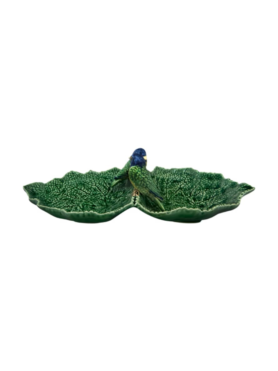 Bordallo Pinheiro Green Earthenware Double Leaf Plate with 2 Blue Birds