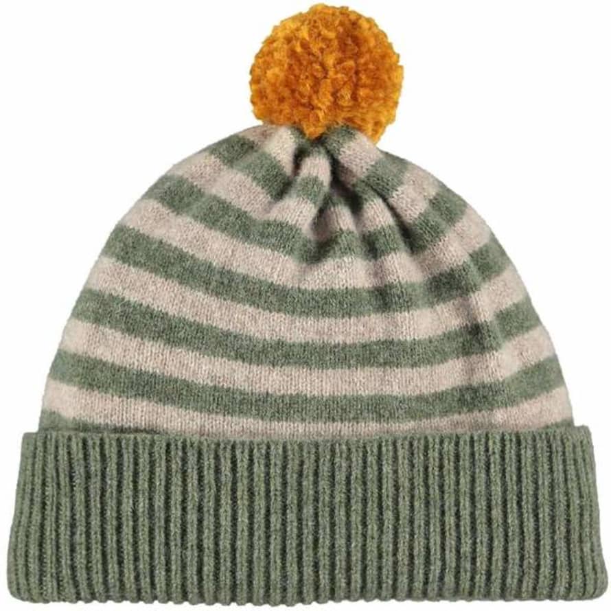 Catherine Tough Green Oatmeal Stripe Hat With Apricot Pompom