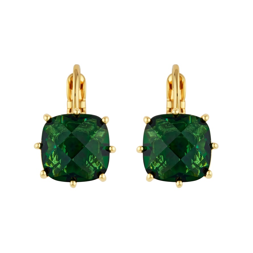 Les Nereides Square Emerald Green Stone Diamantine Sleeper Earrings