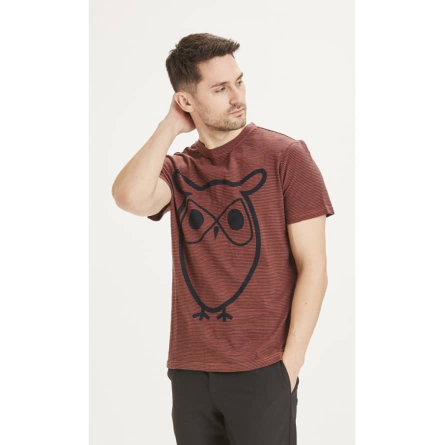 Knowledge Cotton Apparel  10664 Alder Narrow Striped Tee With Owl Print