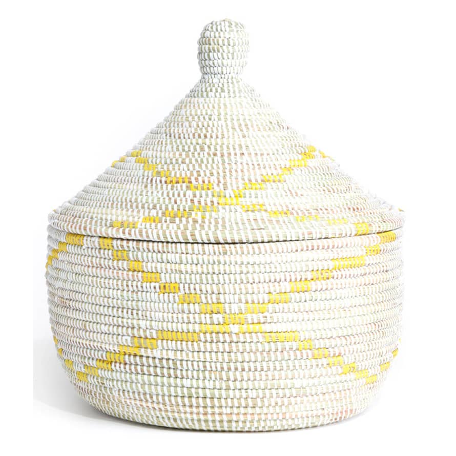 Swahili African Modern Handwoven Senegalese Storage Basket In Yellow And White