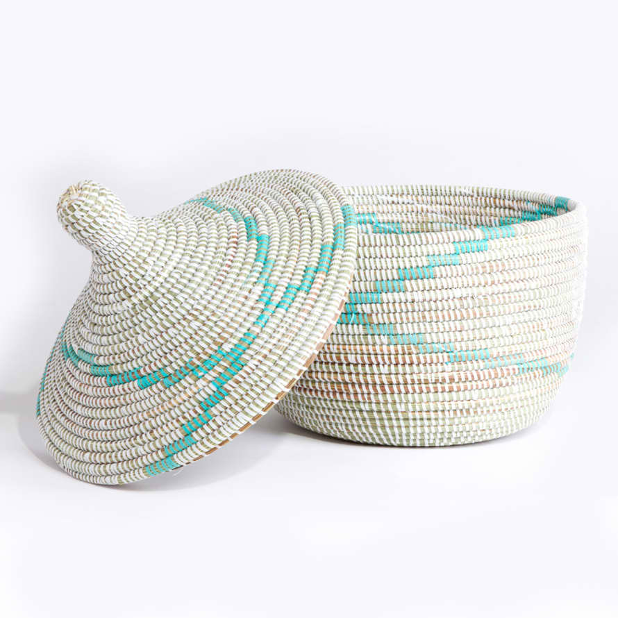 Swahili African Modern Handwoven Senegalese Storage Basket In Turquoise And White