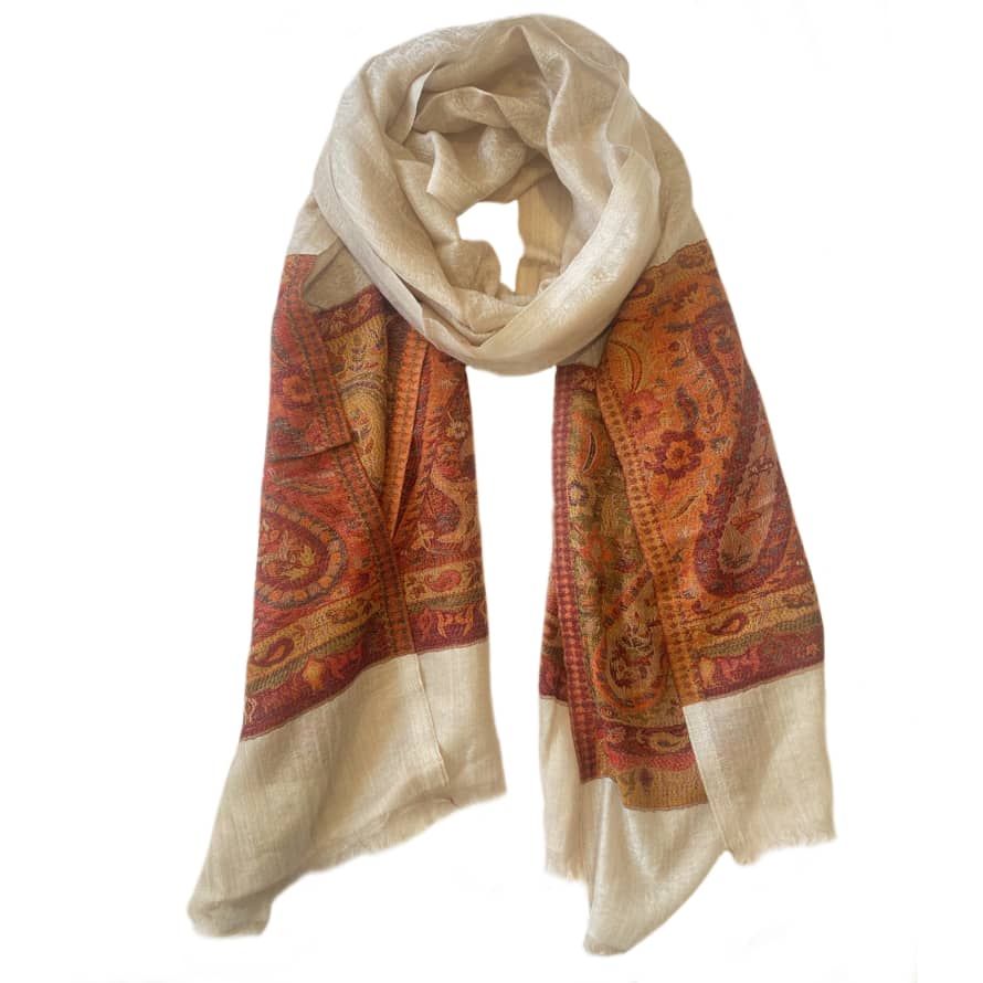 Indie Artisans Cream 100% Cashmere Wool Scarf With Paisley Border