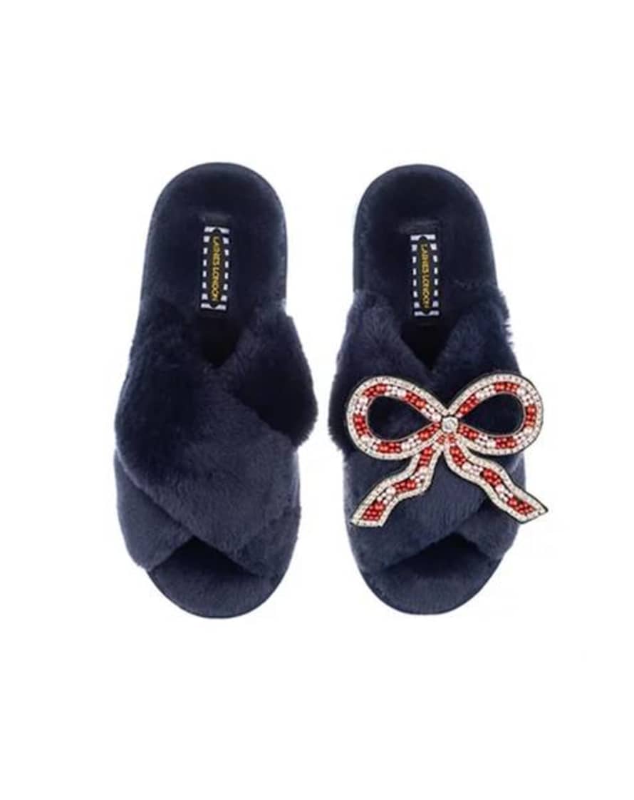 Laines London Slippers with Bow Brooch in Navy