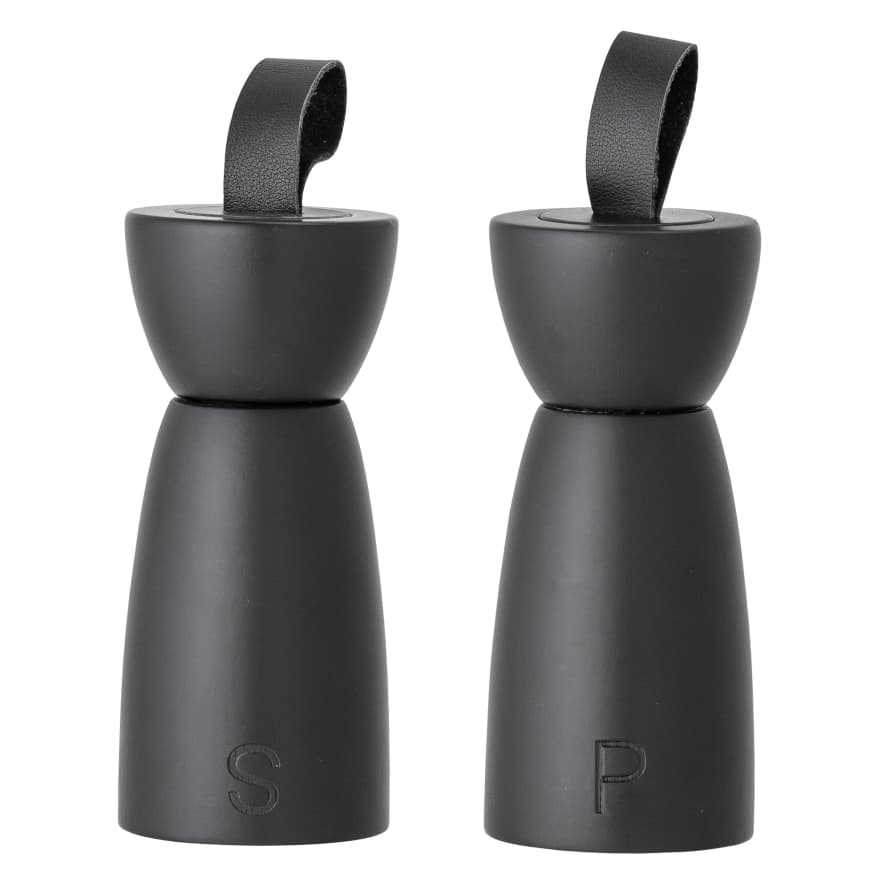 Bloomingville Salt and Pepper Grinder in Rubber Wood and Black Leather Strap