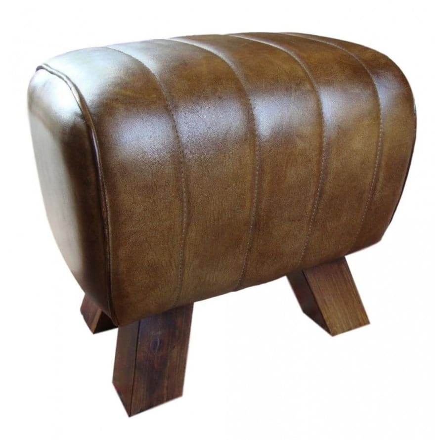 Collective Home Store Brown Leather Stitched Pommel Horse Style Foot Stool