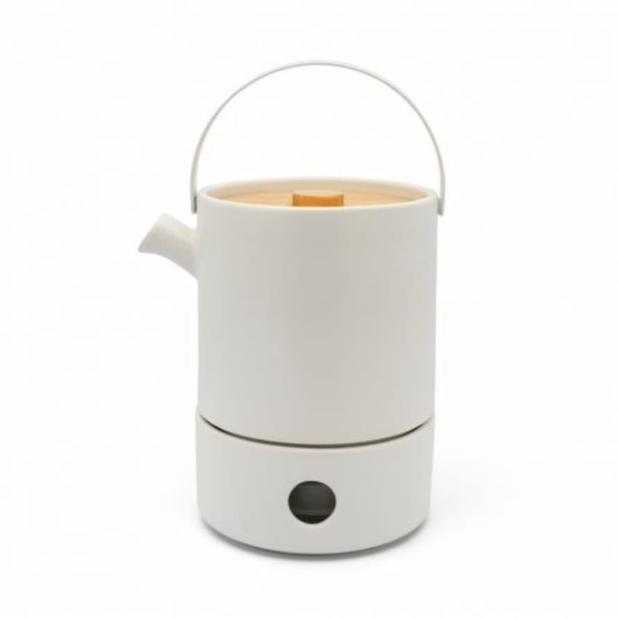 Bredemeijer Holland Bredemeijer Tea Set Umea Design Stoneware Teapot 1.2l With Warmer In White With Bamboo Lid