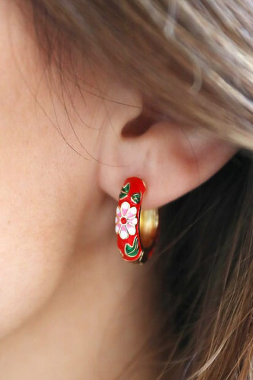 Lisa Angel Red Floral Enamel Hoop Earrings In Gold
