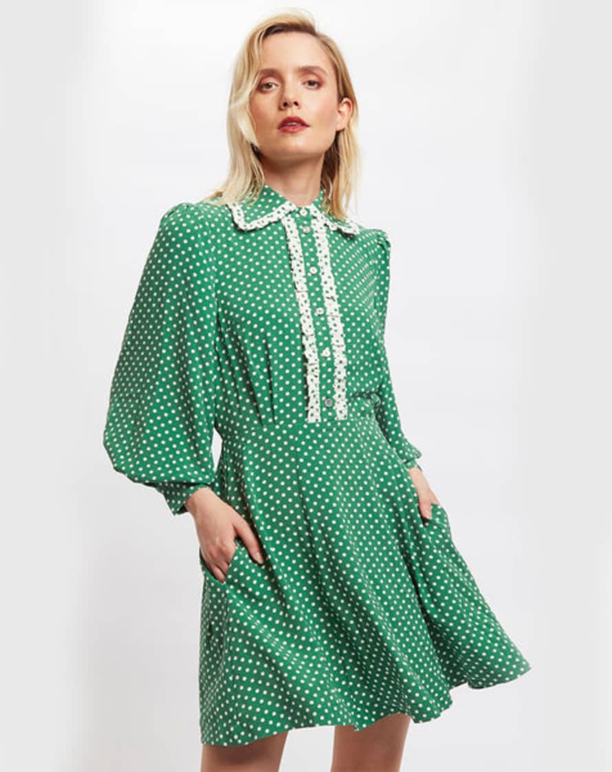 Louche Nancy Polka Dot Print Long Sleeve Mini Dress In Green