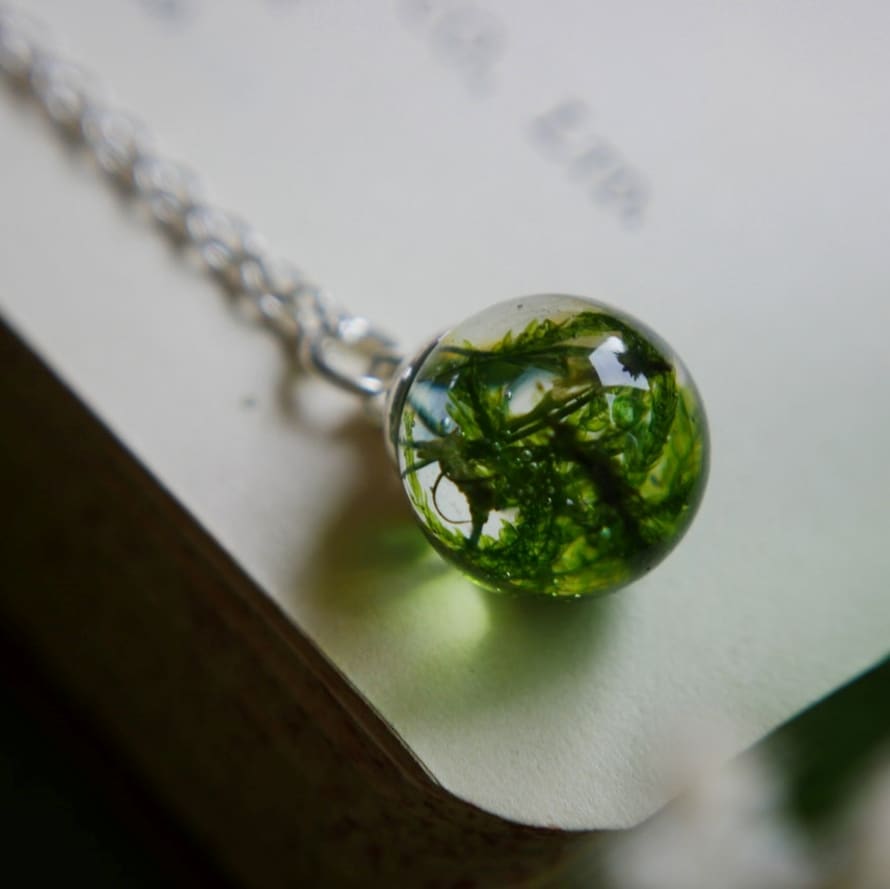 Botanic Isles Scottish Moss Resin Sphere Silver Necklace