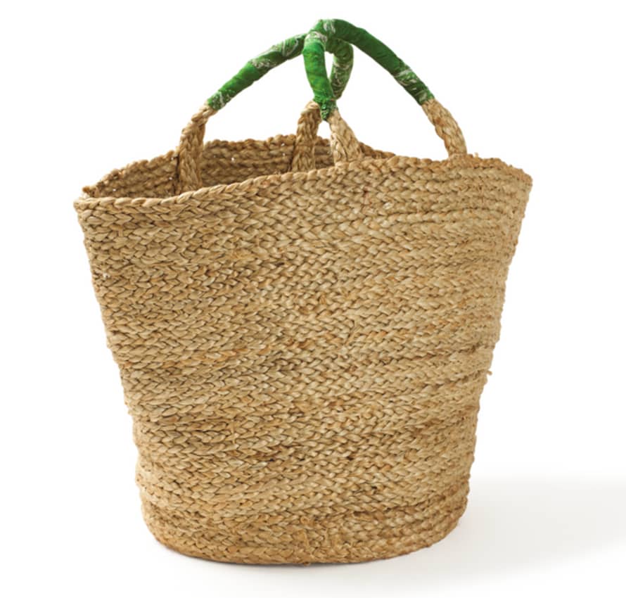 BaSE Small Woven Jute Basket With Green Handle