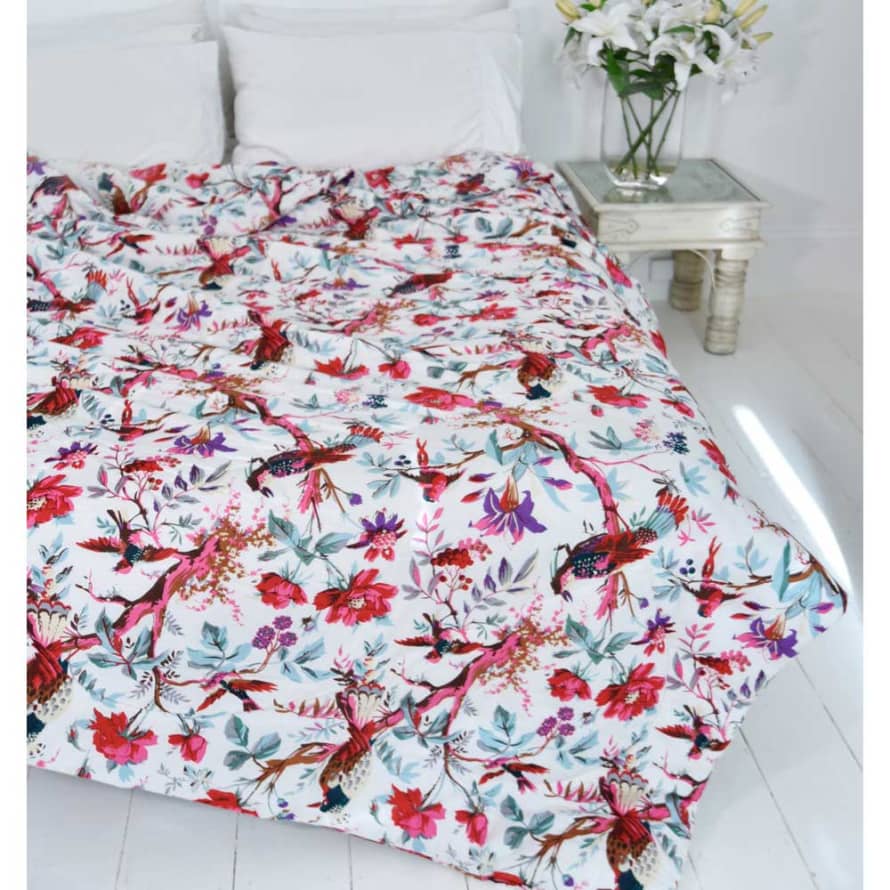 Powell Craft Cream Birds Of Paradise Print Cotton Indian Bed Quilt