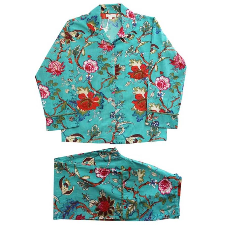 Powell Craft Ladies Teal Exotic Flower Print Cotton Pyjamas