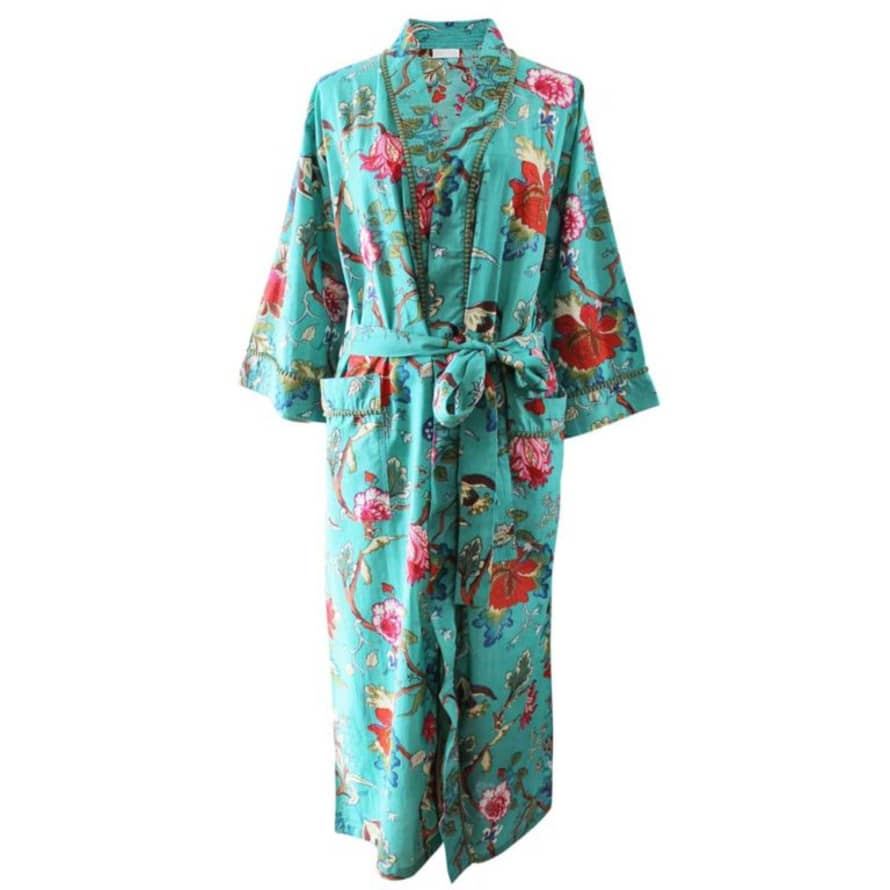 Powell Craft Ladies Teal Exotic Flower Print Cotton Dressing Gown