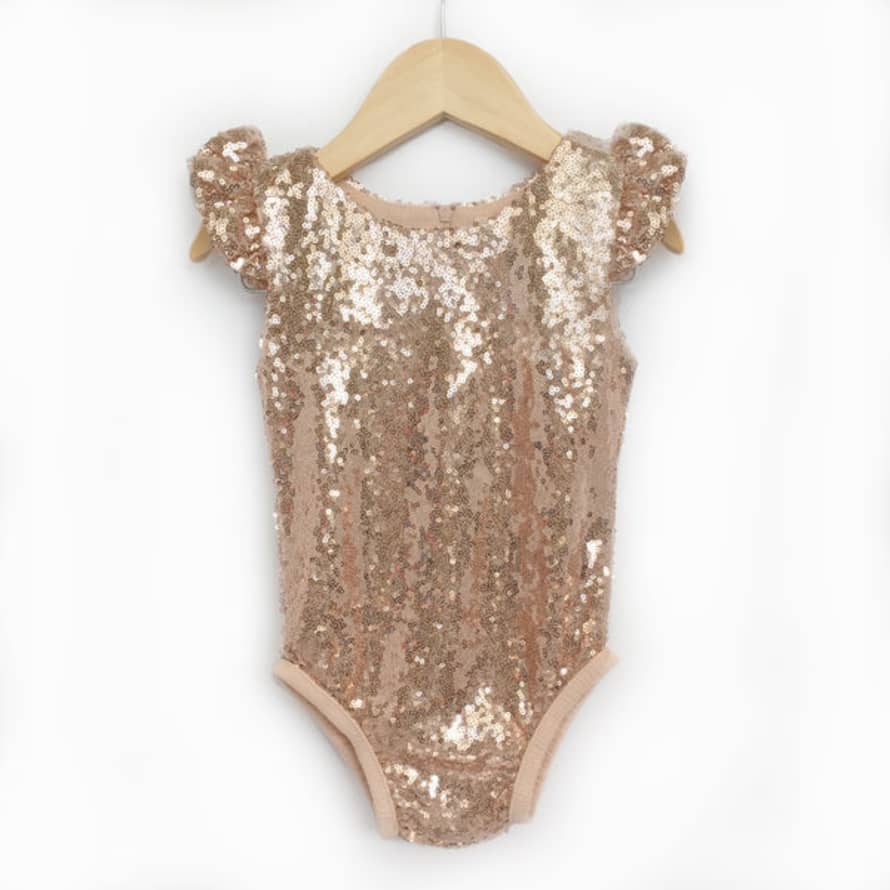 Faire Rose Gold Sequin Leotard With Flutter Sleeves