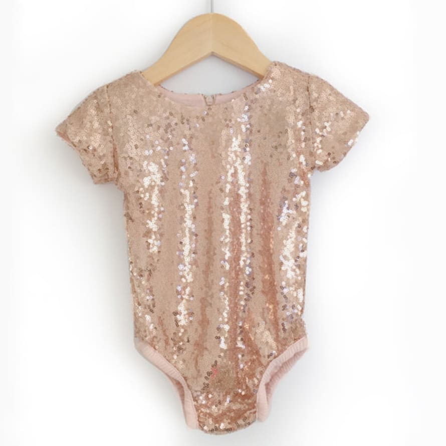 Faire Rose Gold Sequin Leotard With Short Sleeves