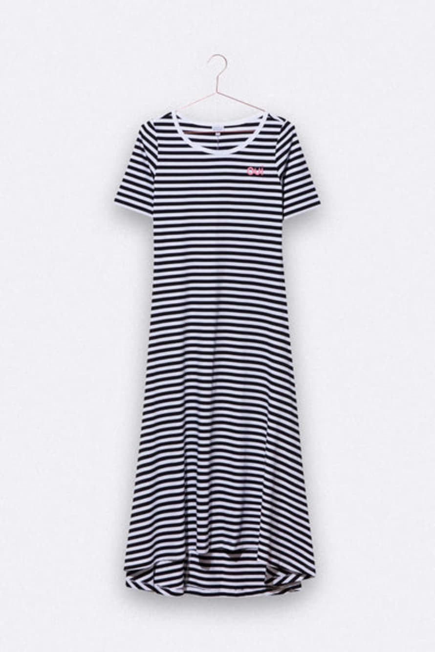 LOVE kidswear Bea Dress In Black & White Striped Organic Cotton With Oui Embroidery For Women