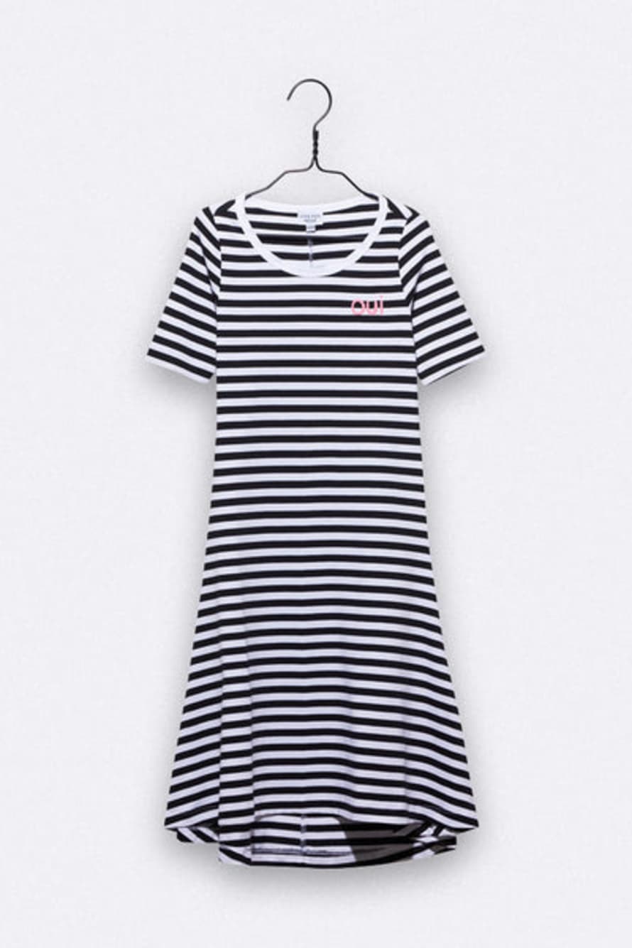 LOVE kidswear Bea Dress In Black & White Striped Organic Cotton With Oui Embroidery For Kids