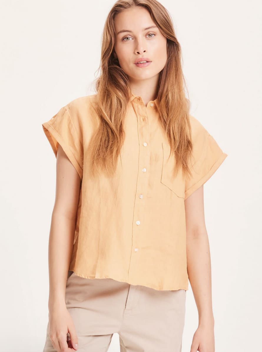 Knowledge Cotton Apparel  900005 Aster Fold Up Short Sleeve Linen Shirt Clay