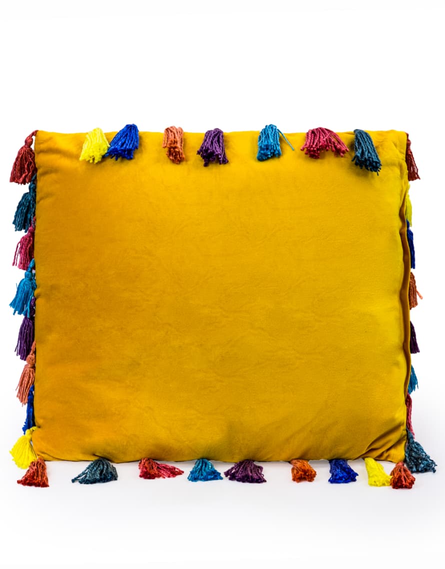 &Quirky Large Yellow Square Velvet Cushion with Tassels