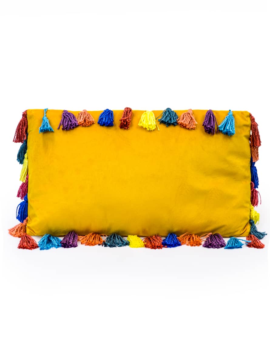 &Quirky Large Yellow Rectangle Velvet Cushion with Tassels