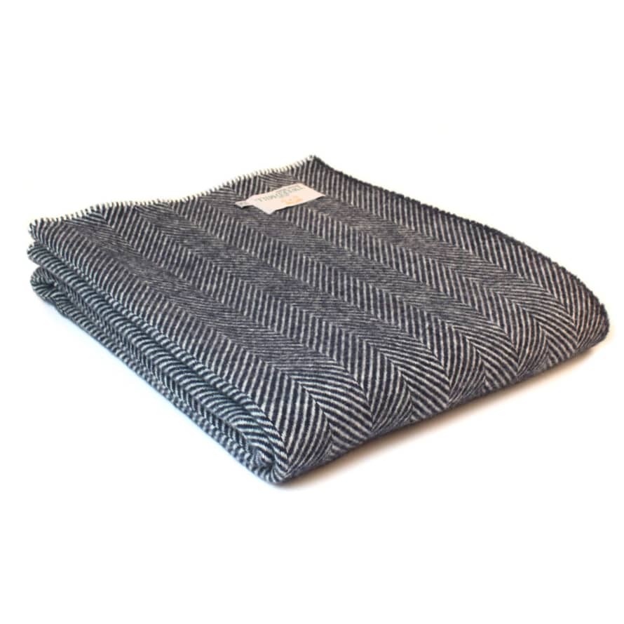 Tweedmill Navy Fishbone Pure New Wool Throw with Navy Blanket Stitch Edge