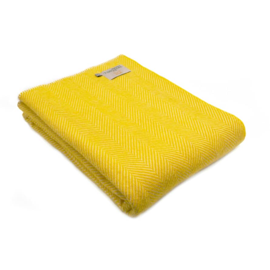 Tweedmill Dandelion Yellow Fishbone Pure New Wool Throw with Cream Blanket Stitch Edge