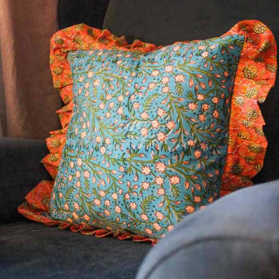 My Doris Blue Floral Ruffle Cushion 