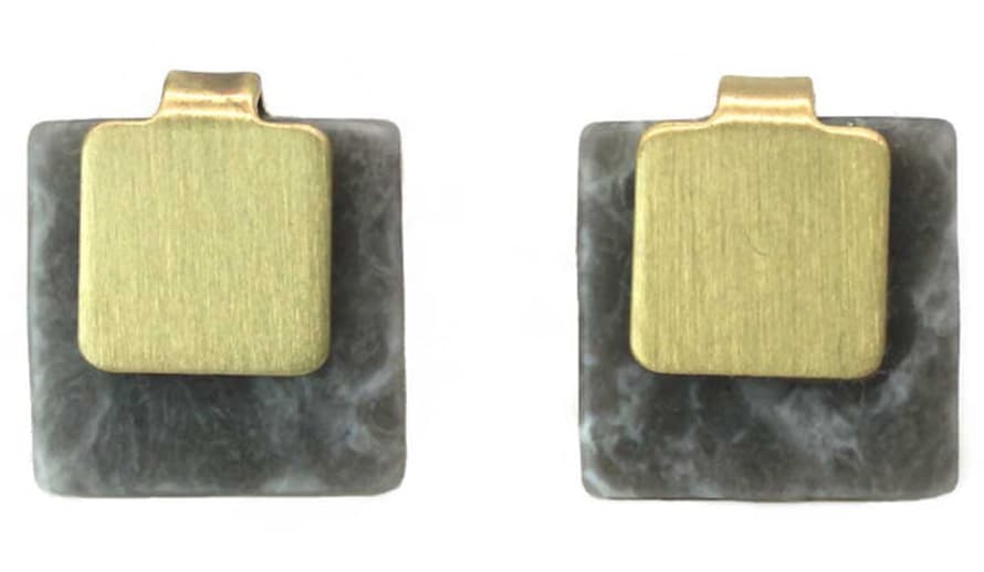 Lark London Abstract Square Grey Marble Gold Studs