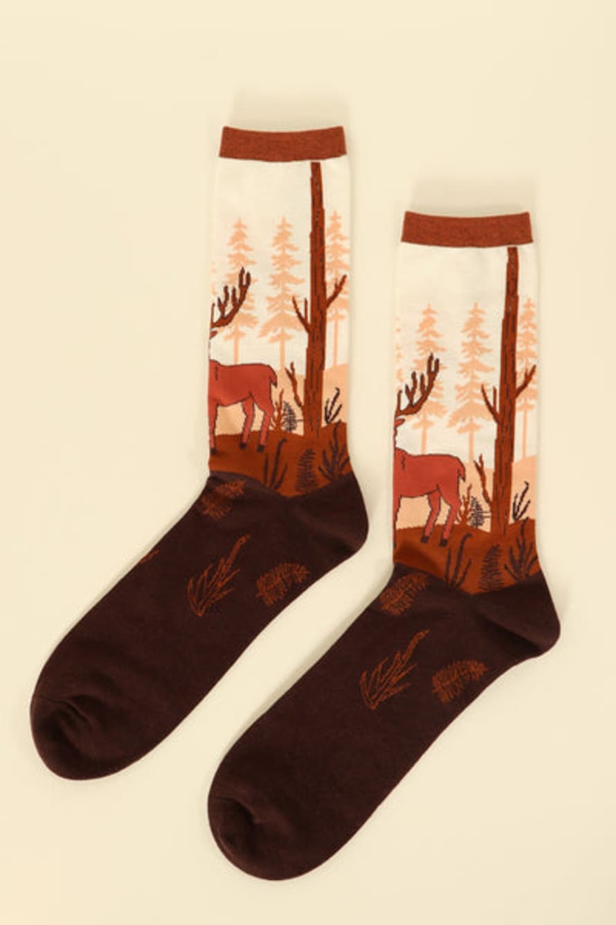 MSH Brown Mens Stag And Forest Scene Socks