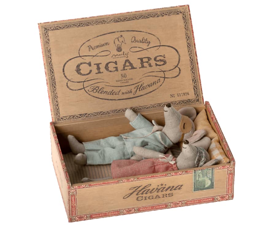 Maileg Mum Dad Mice in Cigar Box Bed