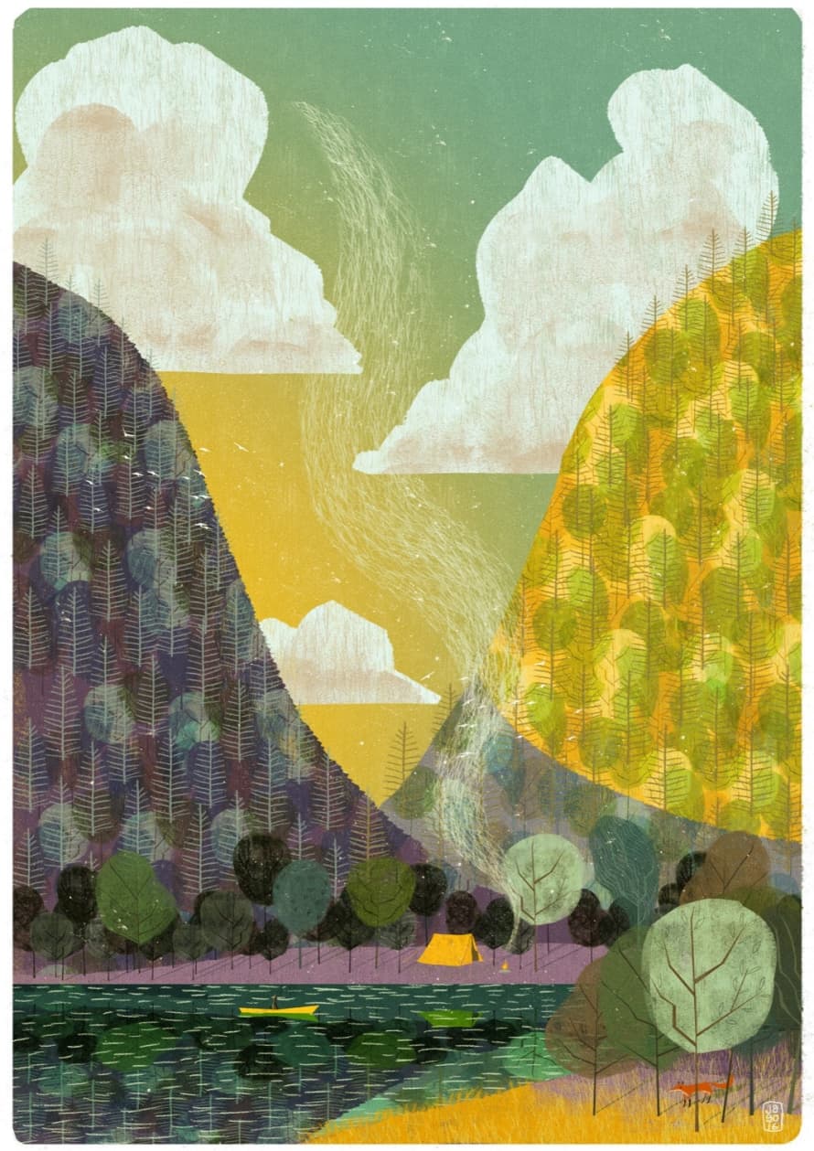 Jago Illustration Sanctuary Hills, Campfire and Fox A4 Print