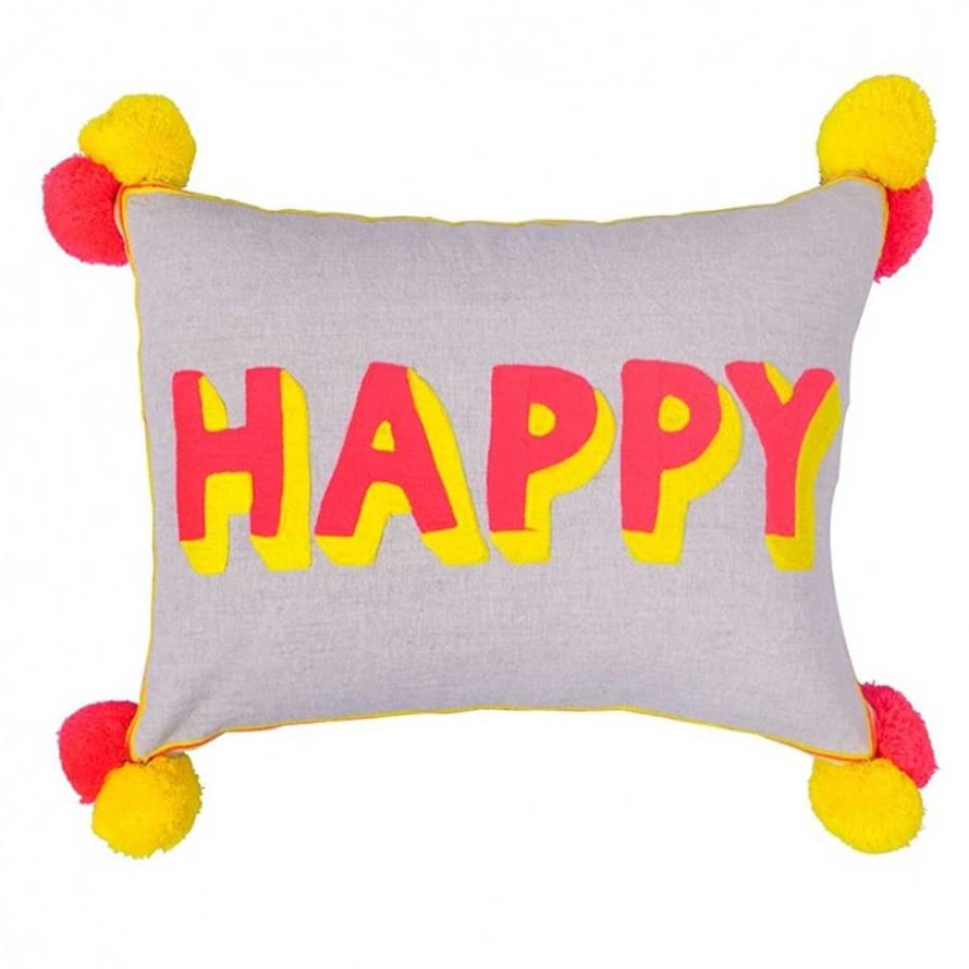 Bombay Duck Embroidered Bright Happy Pom Pom Cushion