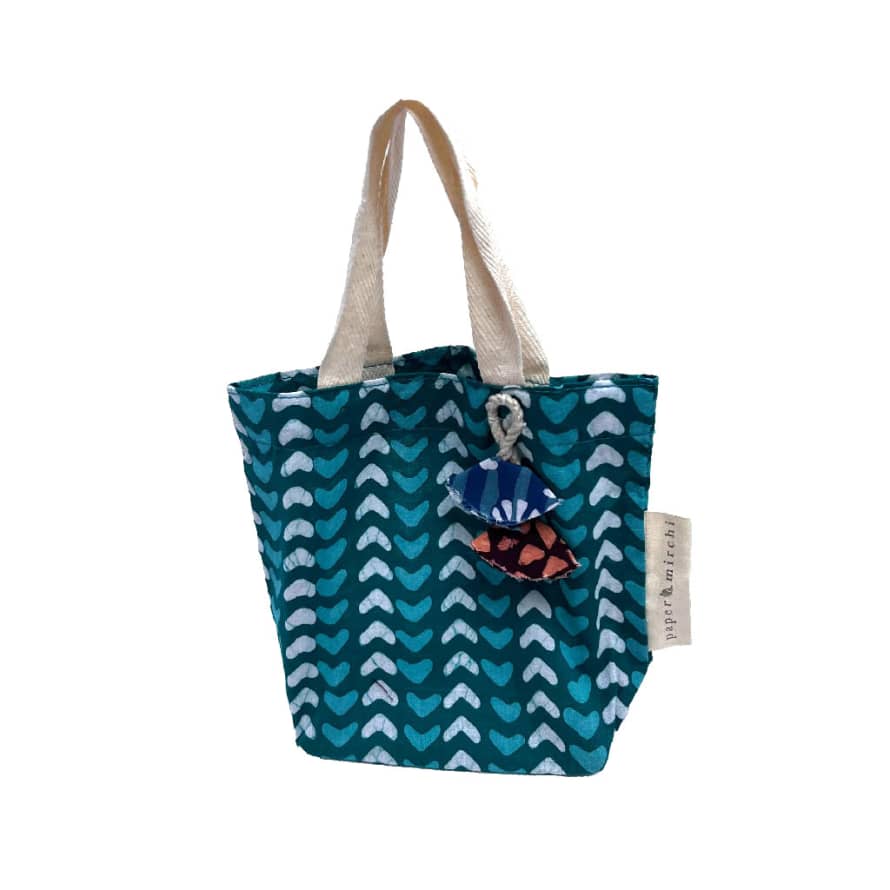 Paper Mirchi Small Fabric Tote Gift Bag with Teal Hearts